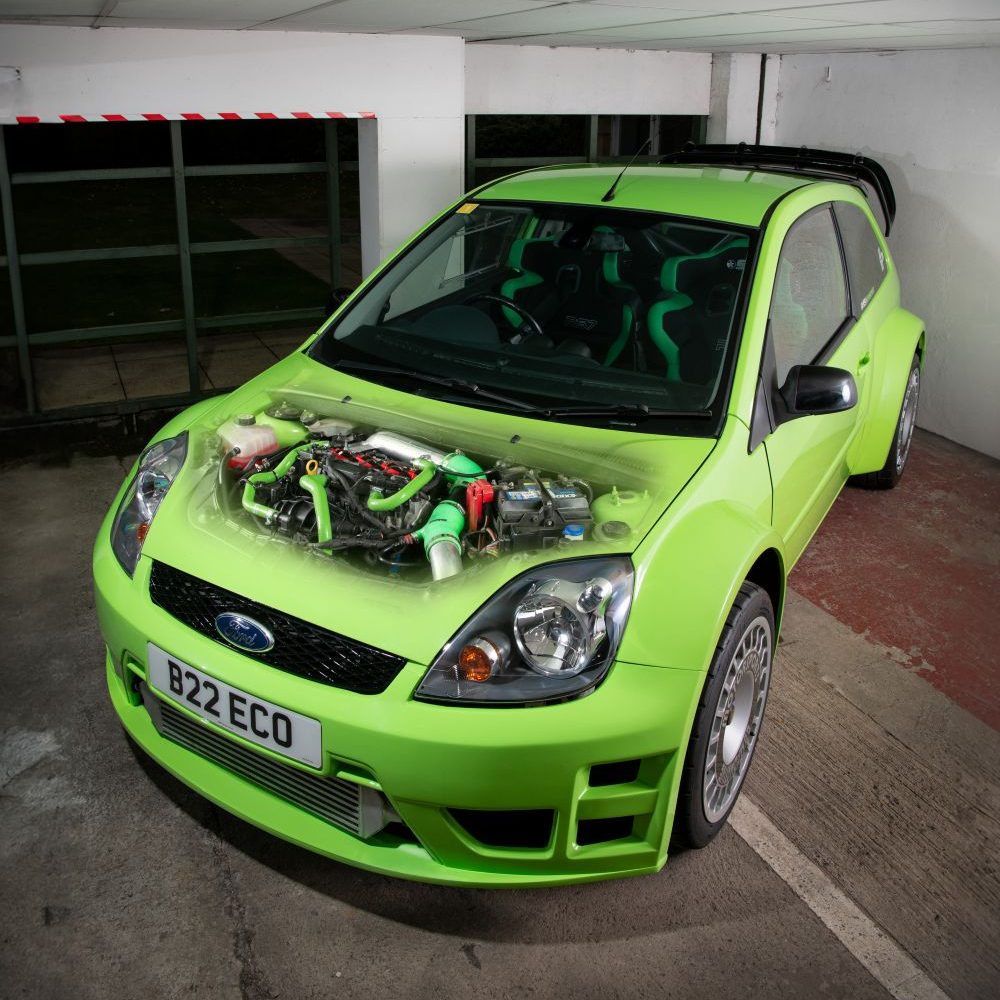 Green Ford Fiesta with JWRC body kit