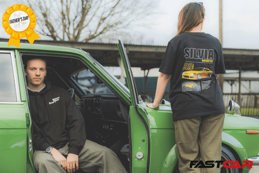 man and woman wearing branded Fast Car clothing
