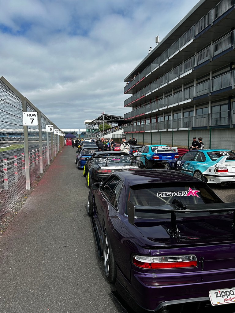 Drift cars lined up at Silverstone